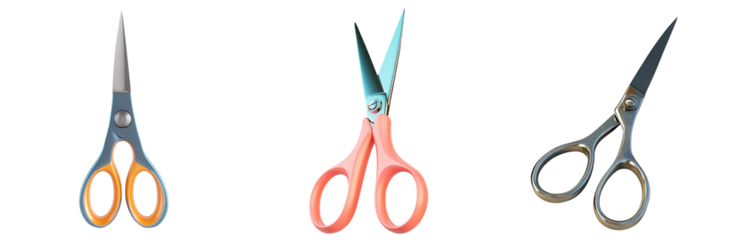 Assorted colorful scissors in a row isolated on a white background, showcasing different sizes and designs for various purposes.