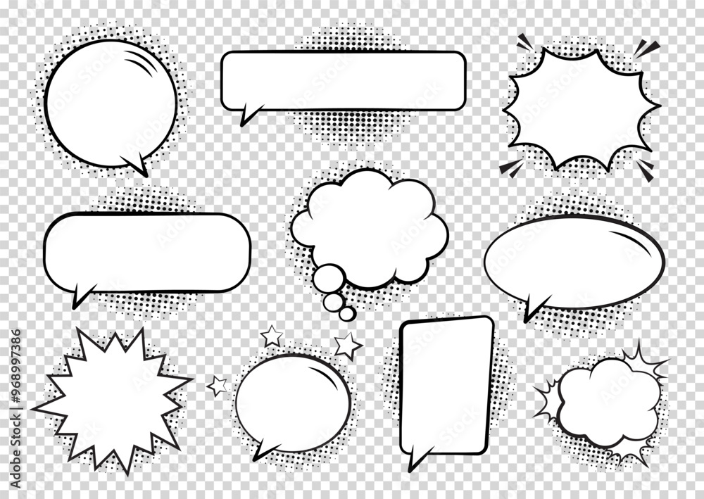 Wall mural retro empty comic bubbles and elements set with black halftone shadows on transparent background. ve