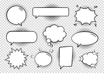 Retro empty comic bubbles and elements set with black halftone shadows on transparent background. Vector illustration, vintage design, pop art style