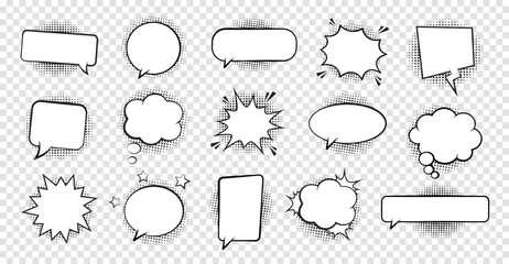 Retro empty comic bubbles and elements set with black halftone shadows on transparent background. Vector illustration, vintage design, pop art style