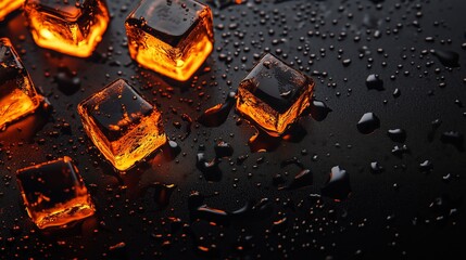 Orange and black ice cubes with water drops on orange and black background.