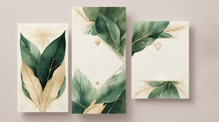 These elegant, nature-themed invitation cards feature gold and green leaf designs, perfect for sophisticated events such as weddings, engagement parties, bridal showers, or eco-friendly celebrations.
