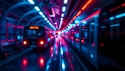 Obraz premium A Futuristic Train Station with Neon Lights