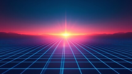 A stunning sunset over a futuristic grid landscape, featuring vibrant colors and a mesmerizing atmosphere, perfect for sci-fi themes.