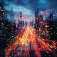 Naklejka premium Abstract vibrant city skyline with dynamic lights and energy