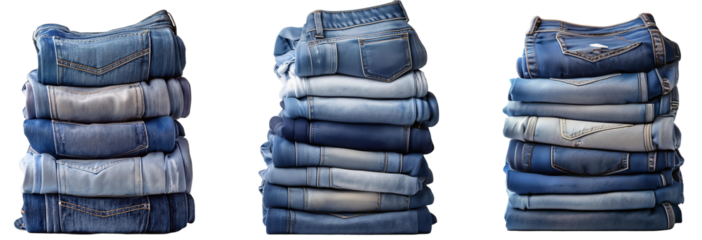 sets of denim jeans isolated on Transparent Background.