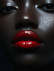 Naklejka premium A striking close up of womans face showcasing deep skin tones and vibrant red lips, highlighting beauty and elegance. glossy finish of lips adds captivating allure