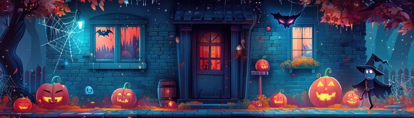 Obraz premium A house with a witch on the porch and pumpkins on the front lawn