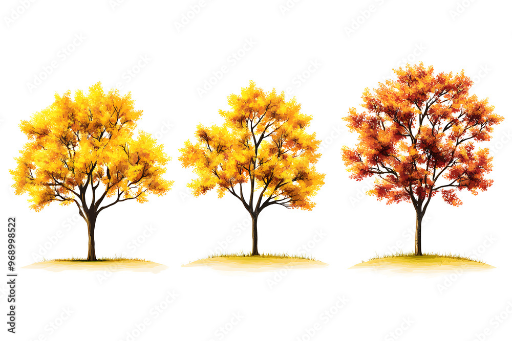 Poster yellow trees set isolated on white background