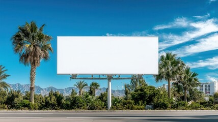 A blank billboard surrounded by palm trees and mountains under a clear blue sky, ideal for advertising purposes.