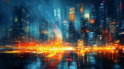 Abstract vibrant city skyline with dynamic lights and energy