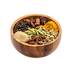 Artisan Wooden Bowl Filled with Rich Spices Cardamom, Cumin, and Cinnamon on Transparent Background  Great for Marketing Materials and Banners
