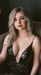 Naklejka premium A woman in a black dress sitting on a couch