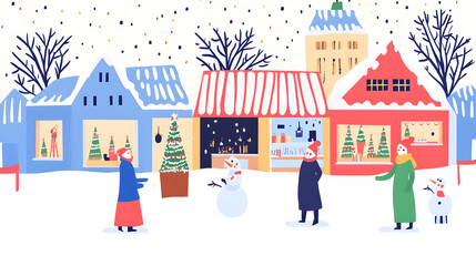 Winter outdoor activities childlike doodle art style. Drawing looks like it was made by a child. The artwork simple, colorful shapes and lines	