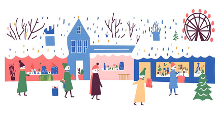 Winter outdoor activities childlike doodle art style. Drawing looks like it was made by a child. The artwork simple, colorful shapes and lines	