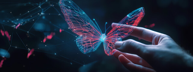 Geometric Neon Butterfly Emerging from Tablet