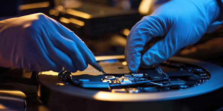 FBI's Digital Forensics: A close-up of a forensic examiner's hands, meticulously sorting through a confiscated hard drive.
