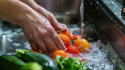Washing Tomatoes in the Kitchen Sink.