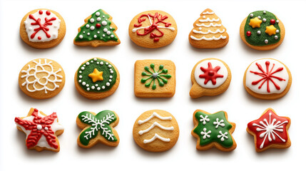 Festive Christmas cookies decorated with colorful icing in the form of Christmas symbols. The cookies have different shapes and colorful patterns on a white background