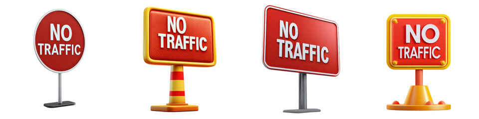 Set of four red traffic signs with text 'No Traffic' in different styles, ideal for transportation safety and road management concepts.