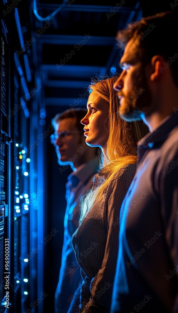 Poster team of it specialists observing server operations in data center, monitoring system performance