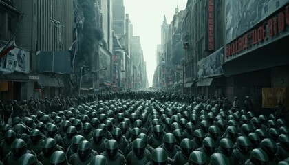 A powerful image of a large group of soldiers in uniform, marching through a dystopian cityscape. The oppressive atmosphere is highlighted by the uniformity of the soldiers and the bleak urban