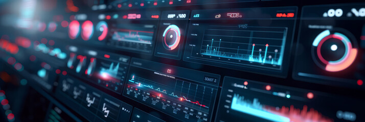 Fototapeta premium A high-tech computer screen displaying a detailed network monitoring dashboard with real-time data analytics and system health indicators.
