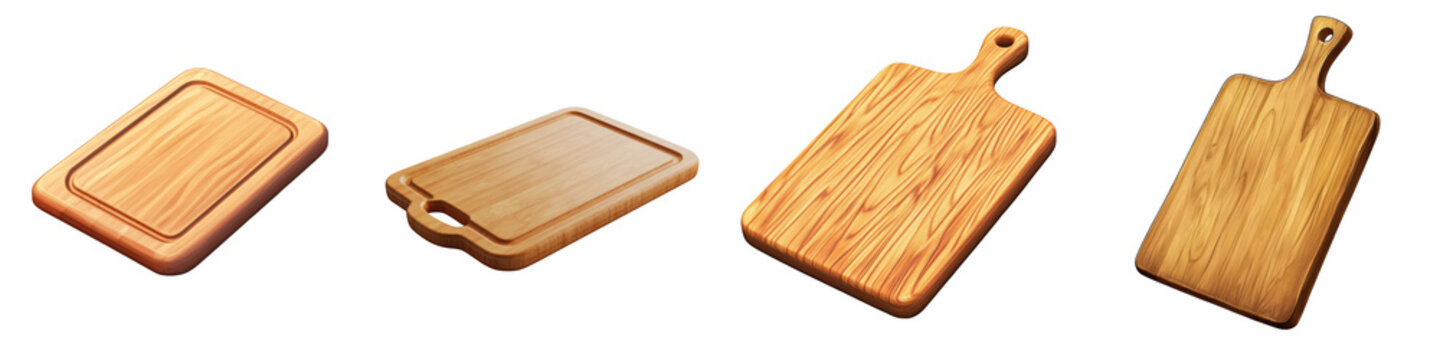 Set of four wooden cutting boards of various shapes and sizes, ideal for kitchen and culinary use, isolated on a white background.