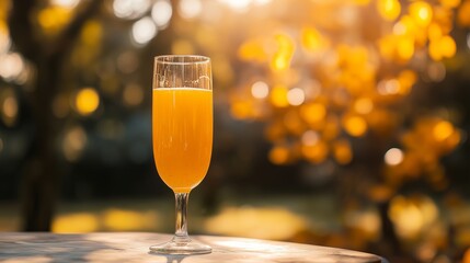 A transparent glass with orange juice in it, the glass is on a table in an orange garden.