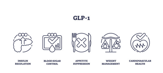 GLP-1 diabetes drugs for insulin regulation outline icons collection. Labeled symbols with blood sugar control, appetite suppression and weight management for endocrine illness vector illustration.