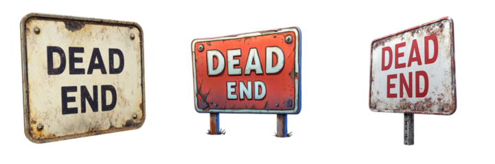 Set of three vintage dead end signs with rust and weathering, showcasing different styles and colors, often used for road closures or warnings.