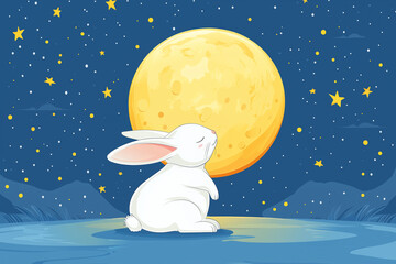 Mid-autumn festival. A rabbit is standing on the ground with eyes closed, a bright moon is in the sky at night.
