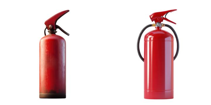 Side-by-side comparison of a rusty old fire extinguisher and a new shiny fire extinguisher on white background.