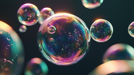 Naklejka premium Iridescent soap bubbles floating against a dark background