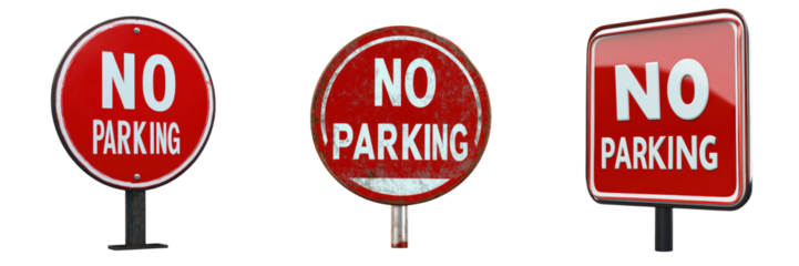 Three different red No Parking signs isolated on white background, each in various shapes, warning drivers against parking in restricted areas.