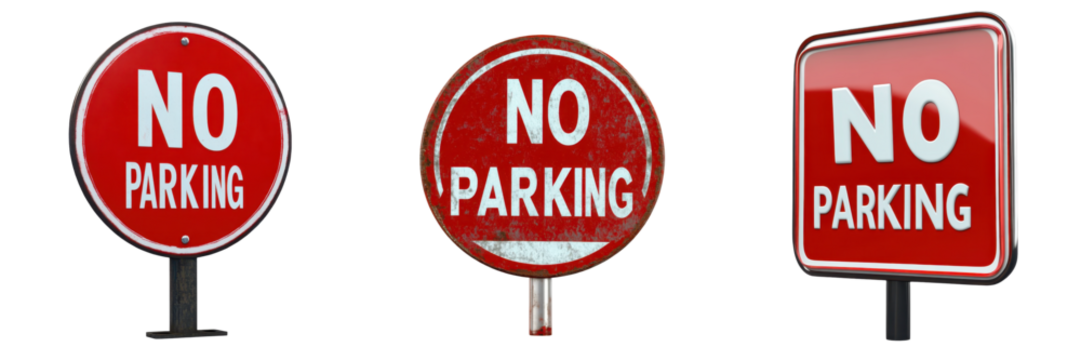 Three different red No Parking signs isolated on white background, each in various shapes, warning drivers against parking in restricted areas.