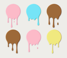 Round icons of flowing drip paint, milk yogurt or chocolate flowing down isolated on light background. Vector illustration.