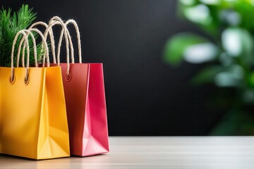 Colorful shopping bags with a green plant, perfect for showcasing retail and gift themes in a stylish manner.