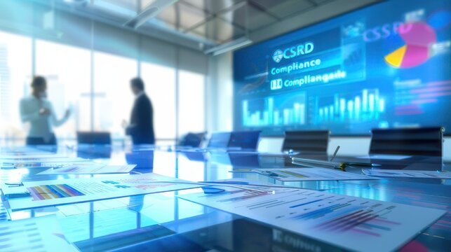 CSRD Compliance and Sustainability Reporting in Business Meeting
