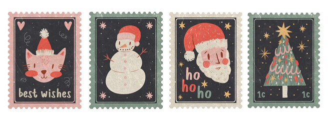 Set of Retro Christmas Postage Stamp with Santa Claus, Snowman, cute Cat and Tree. Old Textured Holiday Isolated elements for planner, scrapbooking aesthetic collages