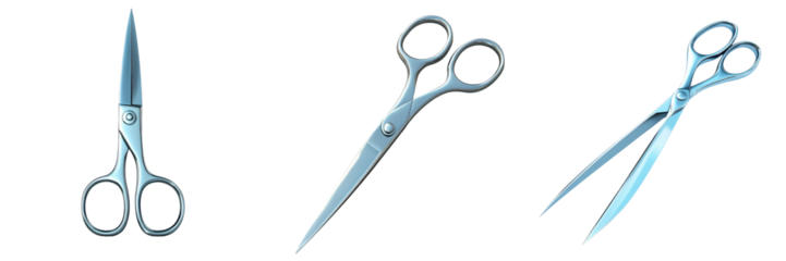 Three variations of stainless steel scissors isolated on a white background, perfect for medical, hairdressing, or general cutting uses.