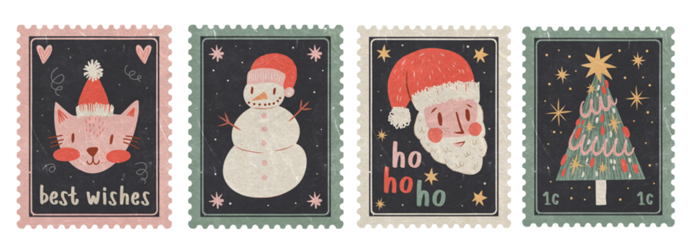 Set of Retro Christmas Postage Stamp with Santa Claus, Snowman, cute Cat and Tree. Old Textured Holiday Isolated elements for planner, scrapbooking aesthetic collages