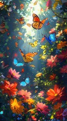 Colorful butterfly garden, blooming flowers, fluttering wings, bird's-eye view, morning light, anime style, lively scene,