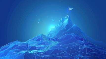 Blue Digital Mountain Peak with Flag Symbolizing Success