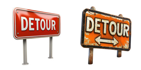 Two detour signs showing different designs, one modern and one vintage, highlighting contrast in appearance and material for road signs.