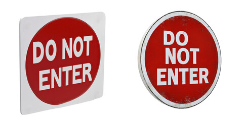 Two 'Do Not Enter' signs with distinct shapes, one square and one round, isolated on a white background, indicating restricted access.