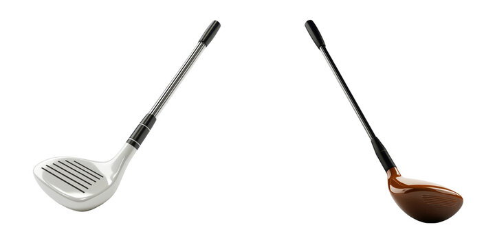 Two golf clubs on a white background, featuring a modern driver and a classic wood. Ideal for golfing enthusiasts and sports equipment designs.