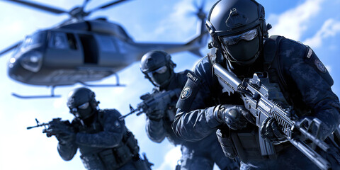 High-Stakes Sting Operation: FBI SWAT team members, ready to pounce, as a surveillance helicopter hovers overhead.