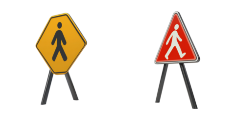 Two pedestrian road signs, one yellow octagon and one red triangle, isolated on a white background depicting people walking.