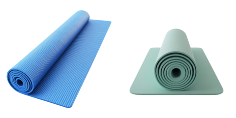 Two rolled yoga mats, one blue and one green, isolated on a white background, perfect for fitness and exercise concepts.